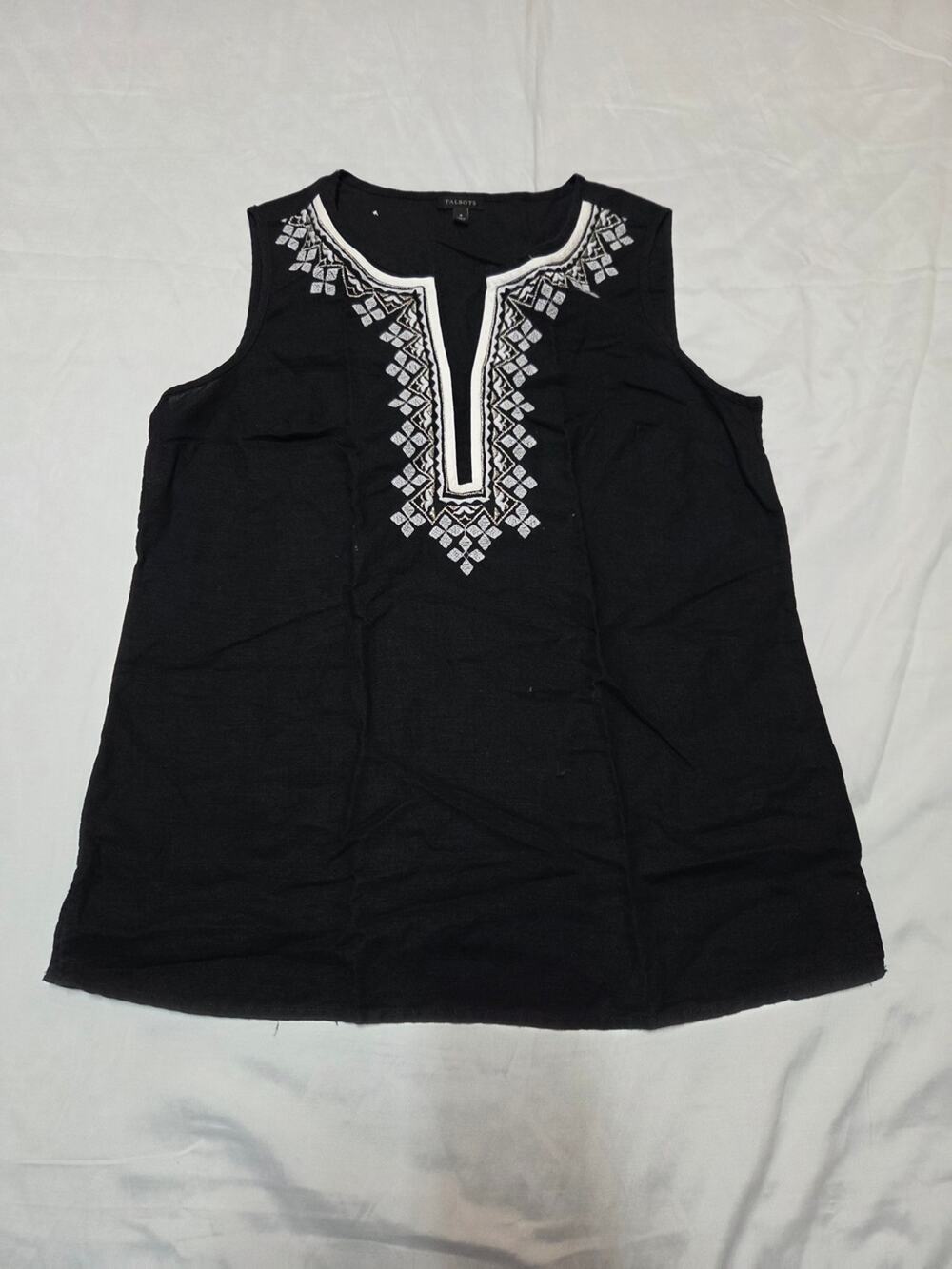 Talbots Black Sleeveless Embroidered Split V-Neck Tank
